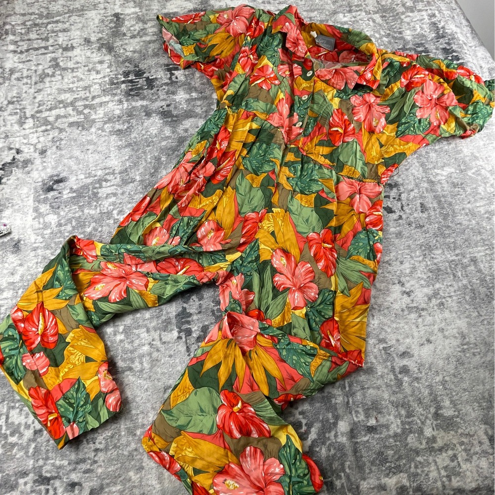 Vtg Carol Anderson Women 12 Jumpsuit Hawaiian Floral Rayon Tropical Made in USA